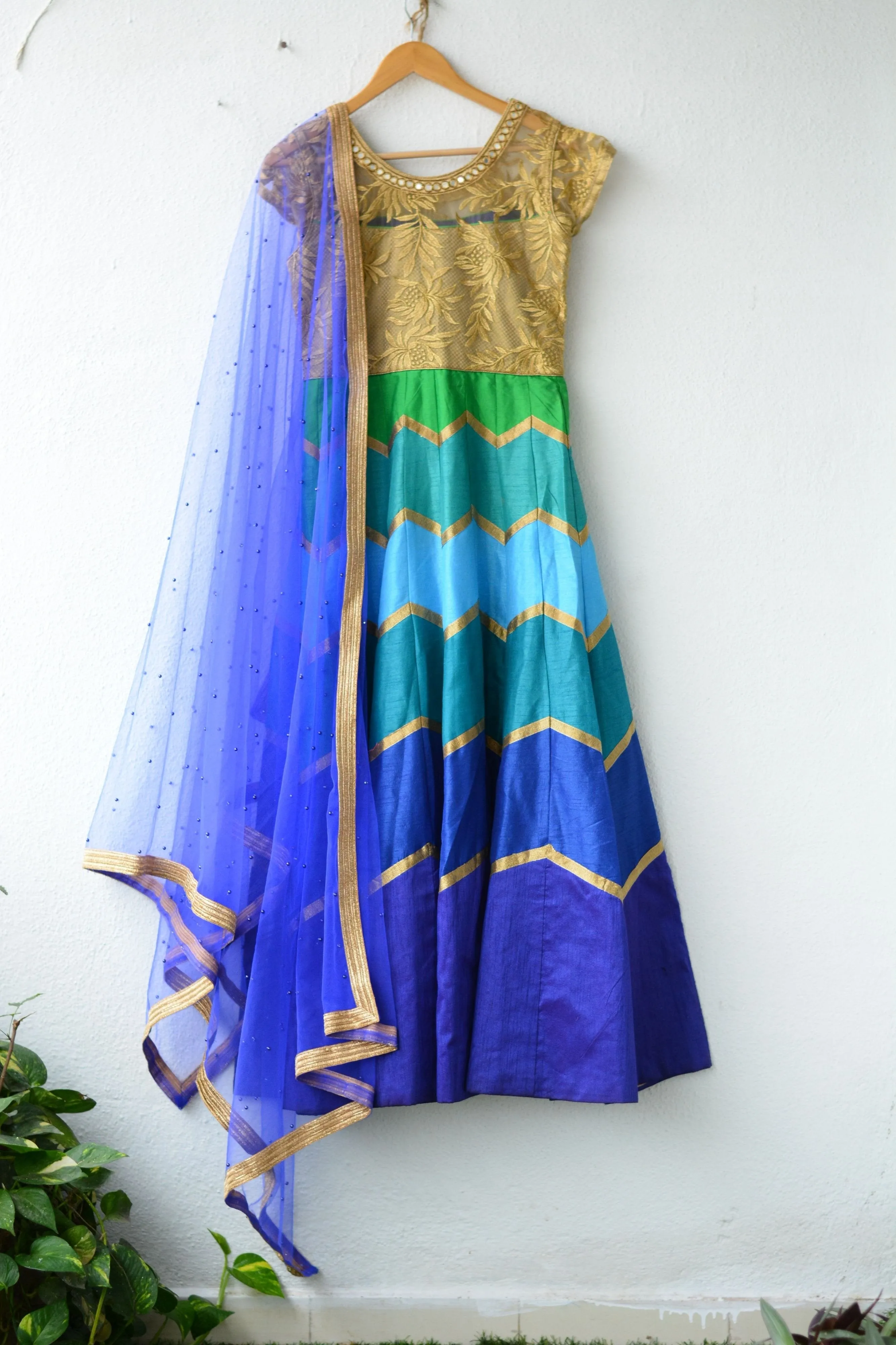 Blue Layred Salwar with golden embroidery top