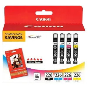 Canon 226 Black, C/M/Y 4pk Combo Ink Cartridges with Photo Paper - Black, Cyan,