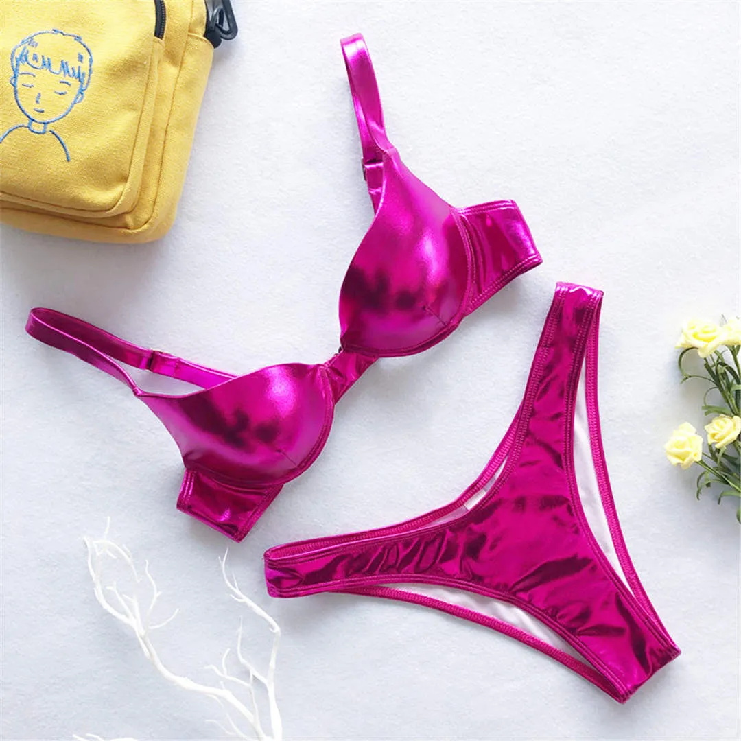 Shiny PU Faux Leather Bikini Female Swimsuit Women Swimwear Two-pieces Bikini set with Bra Cup Bather Bathing Suit Swim V1376