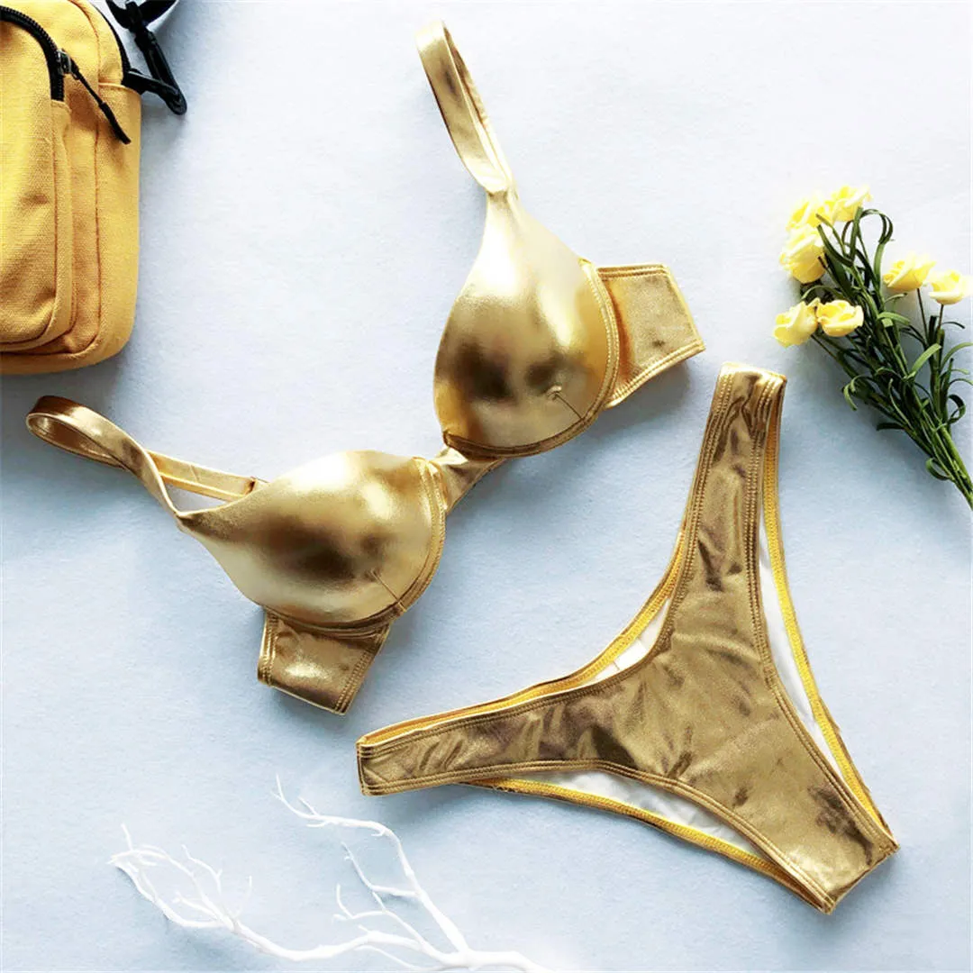 Shiny PU Faux Leather Bikini Female Swimsuit Women Swimwear Two-pieces Bikini set with Bra Cup Bather Bathing Suit Swim V1376