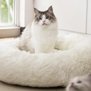 White Washable Anti-Anxiety Plush Dog & Cat Bed - Fluffy Plush Faux Fur bed to help relive Joints and assist with sleep